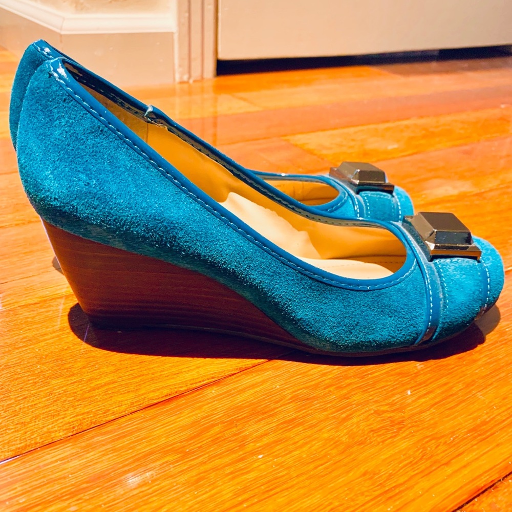 Mermaid Turquoise Suede Wedges - Wood Block heel
